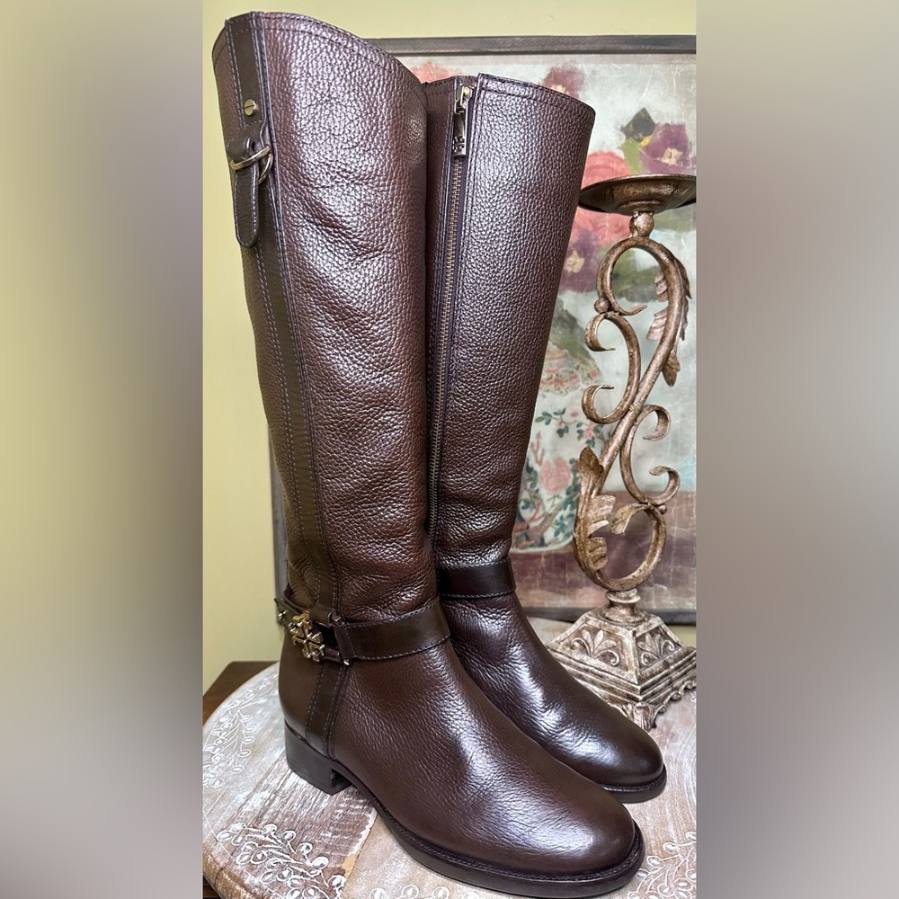 EUC Tory Burch "Elina" Coconut Pebbled Brown Leather Riding Boot Size 7.5